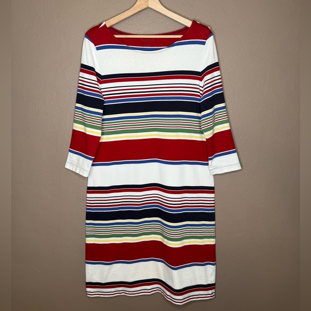 Talbots Nautical Stripe Boat Neck 3/4 Sleeves Midi Shift Dress Size Medium